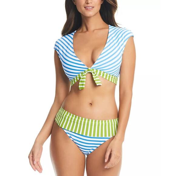 Bleu Rod Beattie Women Stripe Tie-Front Cap-Sleeve Swim Bikini Top Size US 6 - Picture 2 of 3